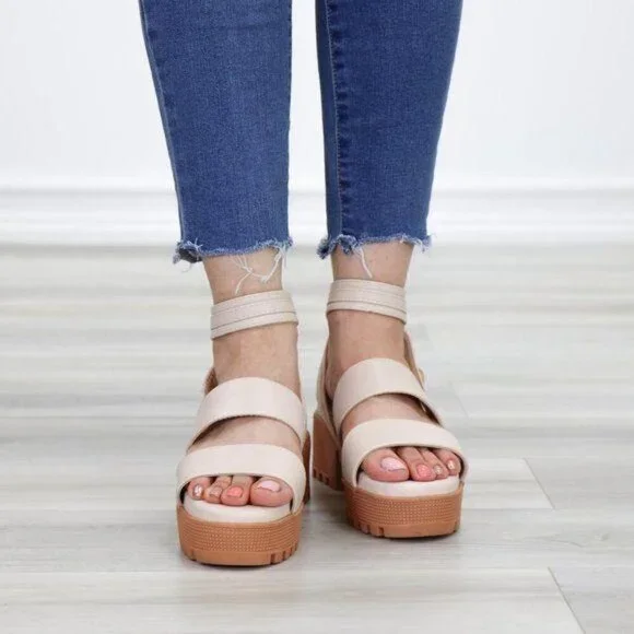Nude Strappy Chunky Heel Sandal Faux Leather - Picture 9 of 12